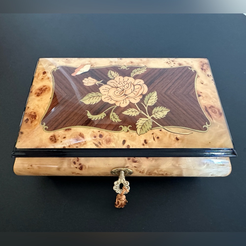 Italian Inlay, Swiss Made Elm Rose Musical Jewelry Box - amazing condition!!
